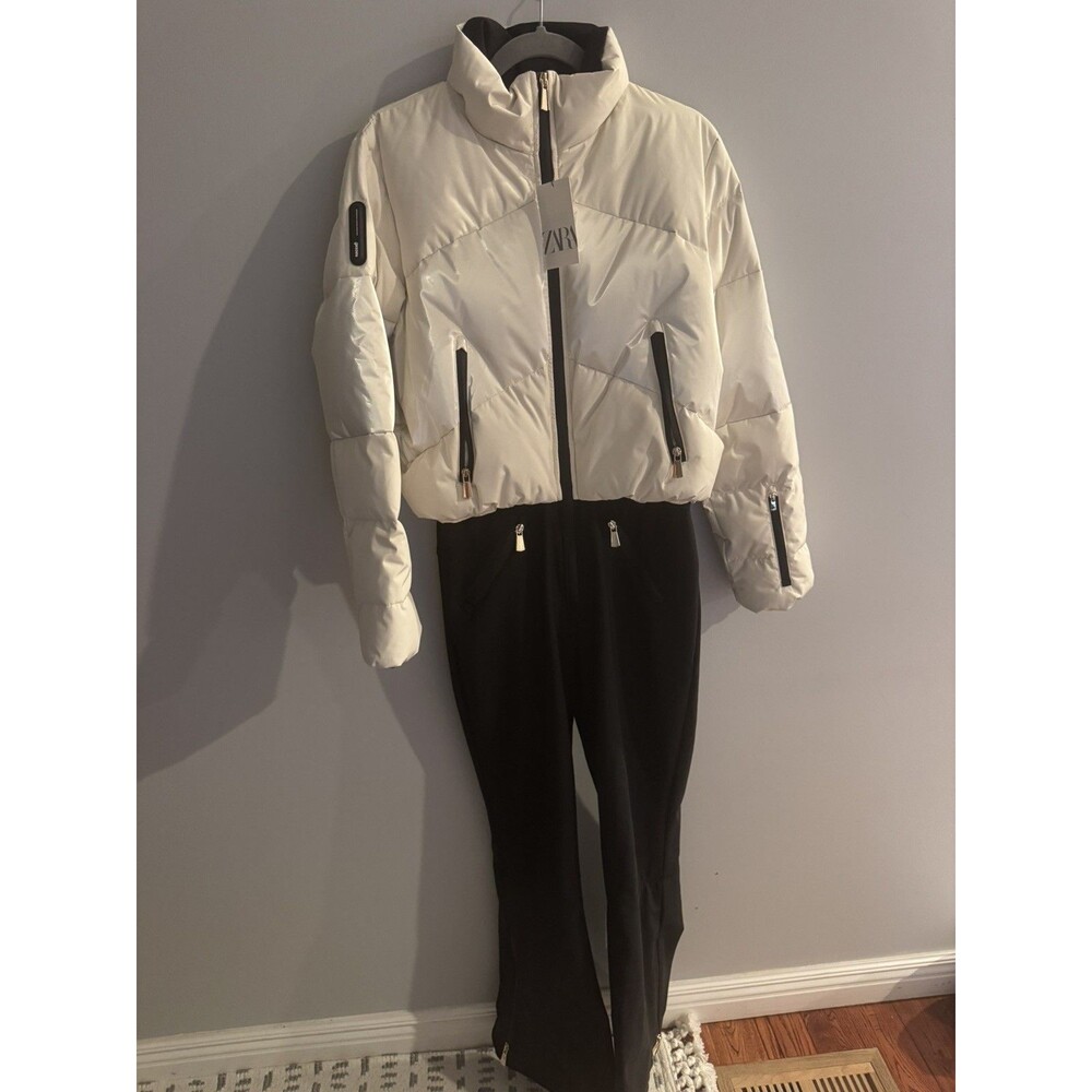Zara Ski Collection Jumpsuit Womens Size L White Black One Piece RECCO Ski Suit